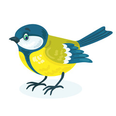 Funny little titmouse is sitting. In cartoon style. Isolated on white background. Vector flat illustration.
