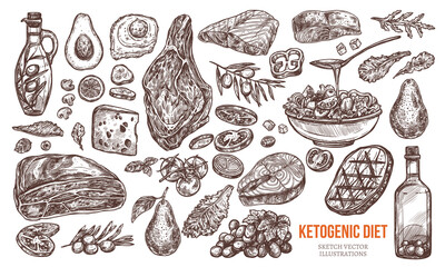 Ketogenic diet food and ingredient sketch vector illustration set - various doodle meals for keto dietary concept. Hand drawn dishes and products for healthy eating and weight loss