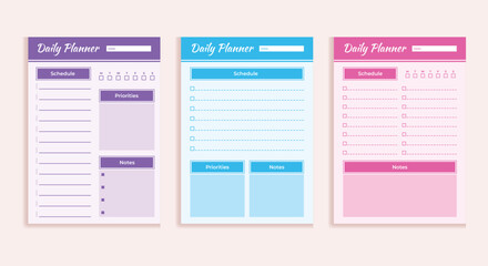 Purple blue and pink colored planner templates for daily weekly and monthly planning - obrazy, fototapety, plakaty