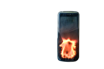 burning mobile phone isolated on white