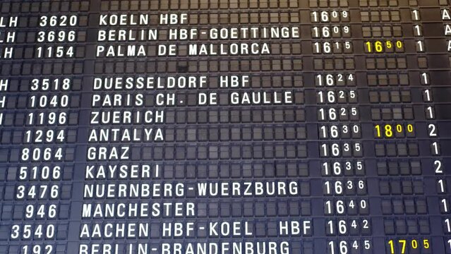 Flight Departures information board at Airport in Germany, Frankfurt destinations: Zurich, Paris, Antalya, Berlin, Dusseldorf, Cologne, Mallorca, Dublin, Split, Frankfurt, concept delay, arrival time