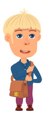 Boy with school bag. Smiling kid standing. Cute cartoon character