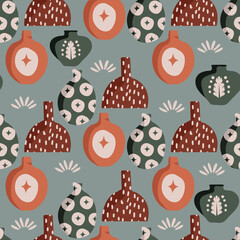 Seamless Pattern Modern ceramic vases with abstract various doodle shapes , Minimalist antique ceramic pottery for interior. Vector illustration EPS10