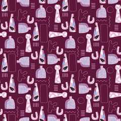 Seamless Pattern Modern ceramic vases with abstract various doodle shapes , Minimalist antique ceramic pottery for interior. Vector illustration EPS10