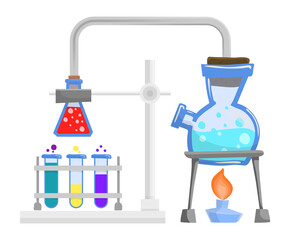Chemistry concept. Cartoon flasks and beaker. Laboratory equipment