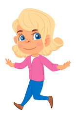 Running girl. Smiling active kid. Fast walking child