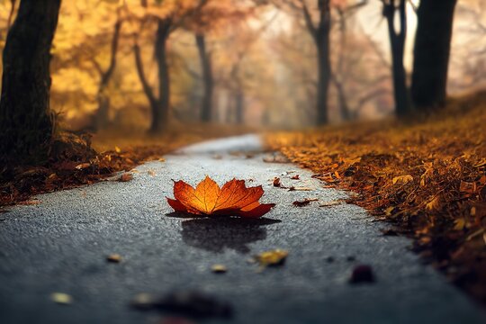 Autumn leaves of the forest road fall into the landscape on an autumn background,  3d render, Raster illustration.