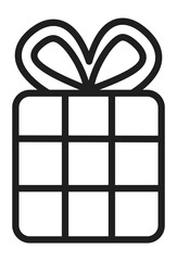 Wrapped gift box with bow. Black line icon
