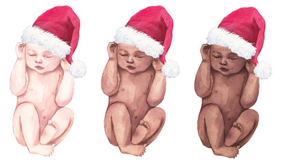 Newborn baby in Santa Claus hat. Watercolor baby shower PNG, first Christmas illustration