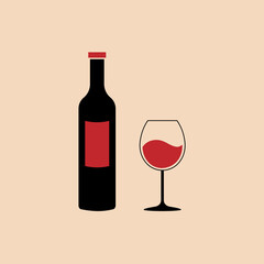 A bottle of wine and a glass on a beige background. Alcohol.