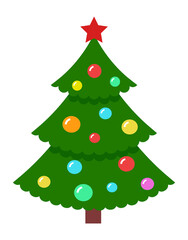 Christmas tree with glass balls and red star. Traditional holiday symbol