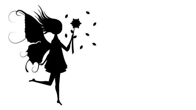 Abstract Black Line Silhouette Fairy With Wings And Flower Vector Icon Nature Design Style Decoration Cartoon Background Isolated