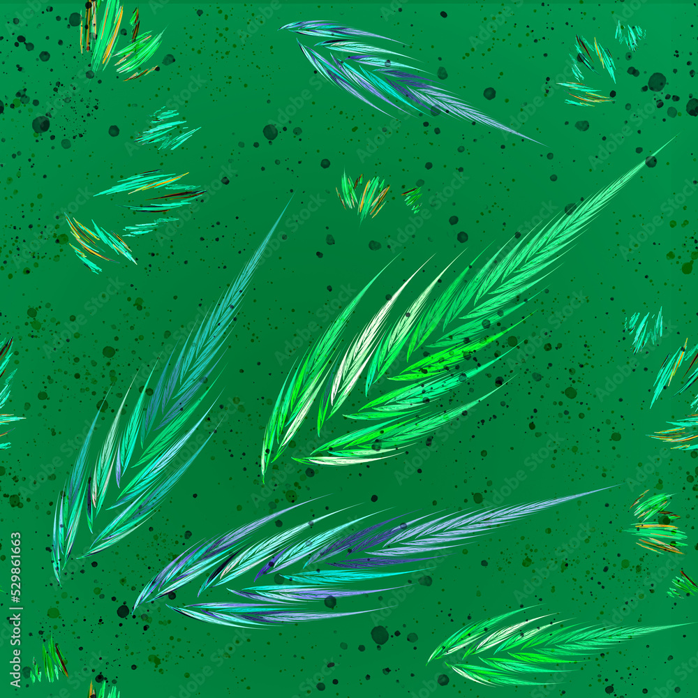 Poster green and blue spikelets, splashes create a beautiful pattern on a green background. seamless patter