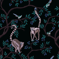 Lemur animals, birds, trees seamless pattern. Exotic night botanical floral wallpaper. © good_mood