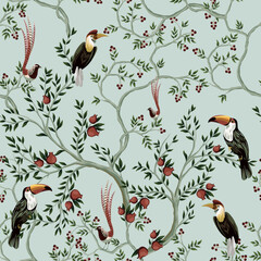 Fototapeta premium Park ink drawn trees, bird, toucan, parrot summer floral seamless pattern. Exotic landscape wallpaper. 