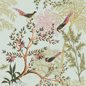 Park ink drawn trees, bird summer floral seamless pattern. Exotic landscape wallpaper.	