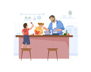 Father and children prepare soup. Family cooking together, men cook food at kitchen, eating dinner, home meal, eat at culinary table, vector illustration