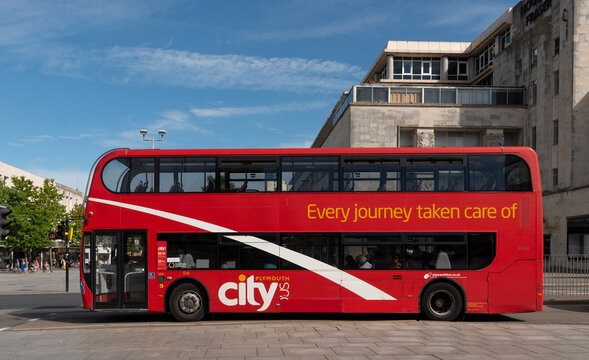 Plymouth, Devon, England, UK. 2022. Red bus on Royal Parade in the city centre of Plymouth, England, UK