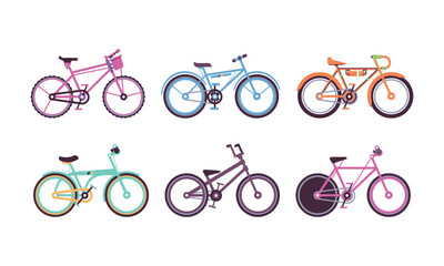 Different Bicycles or Cycle with Pedal and Two Wheels Attached to Frame Vector Set