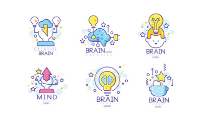 Brain and Creative Mind Logo Design with Man Head and Light Bulb Vector Set