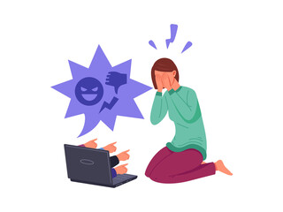 Online bullying. Depressed girl crying near laptop, cyber abuse, vector illustration