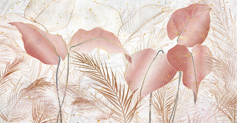 Tropical art background with exotic palm leaves in pink and beige watercolor style. Line style botanical banner for wallpaper design, decor, print, packaging, textile.