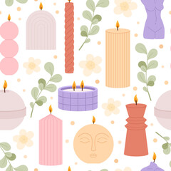Doodle wax candle seamless pattern. Spa meditation relax background. Yoga or aromatherapy candles, wick fire home decoration racy vector print