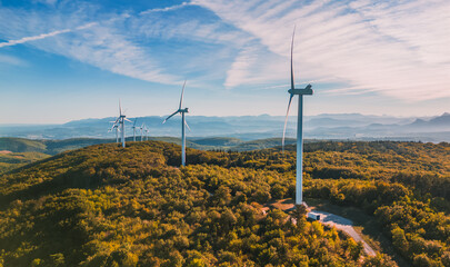 View of a wind farm in a mountainous forest field with mountains in the background. View during the...