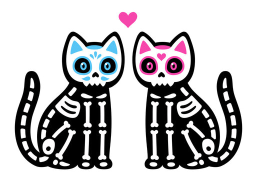 Black skeleton cats couple with Mexican painted skulls
