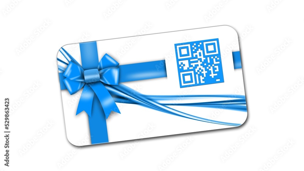 Poster qr code on voucher card with blue ribbon and bow isolated on white background with shadow minimal co