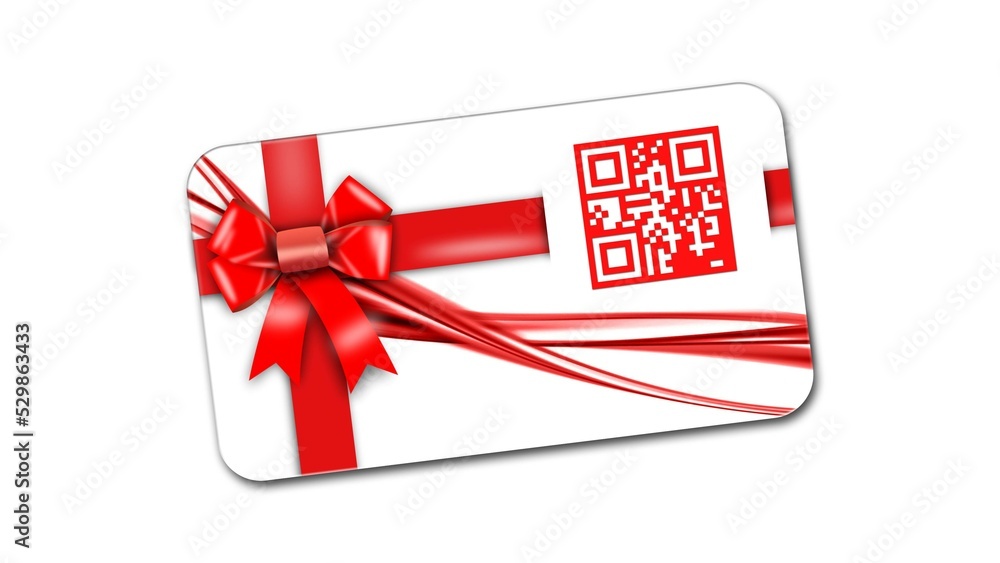 Poster qr code on voucher card with red ribbon and bow isolated on white background with shadow minimal con