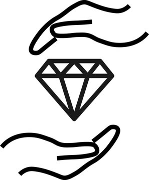 Support and gift signs. Minimalistic isolated vector image for web sites, shops, stores, adverts. Editable stroke. Vector line icon of gem, diamond or jewel between outstretched hands