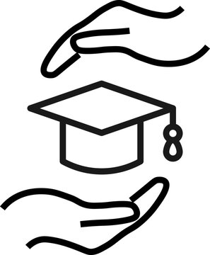 Support and gift signs. Minimalistic isolated vector image for web sites, shops, stores, adverts. Editable stroke. Vector line icon of academic square cap between outstretched hands