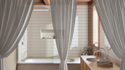 White openings curtains overlay modern japandi bathroom with bathtub, cosy interior design, clipping path, vertical folds, soft tulle textile texture, stage concept with copy space