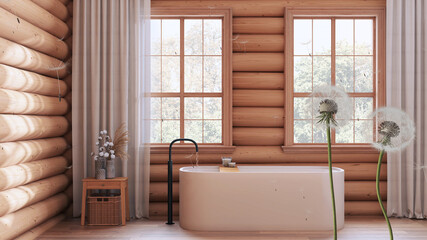 Fluffy airy dandelion with blowing seeds spores over log cabin wooden bathroom with bathtub. Interior design idea. Change, growth, movement and freedom concept