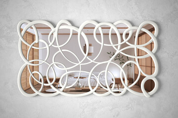 Modern twisted shape mirror hanging on the wall reflecting interior design scene, japandi bedroom, minimalist white architecture, architect designer concept idea