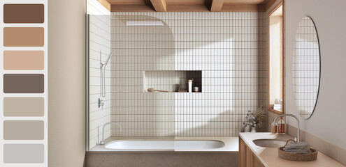 Interior design scene with palette color. Different colors and patterns. Architect and designer concept idea. Modern japandi boho bathroom with bathtub and washbasin
