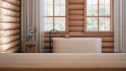 Fototapeta premium Empty wooden table, desk or shelf with blurred view of log cabin bathroom with bathtub and windows, rustic vintage interior design concept