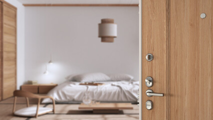 Wooden entrance door opening on japandi minimalist bedroom with double bed and tatami mats, interior design concept idea