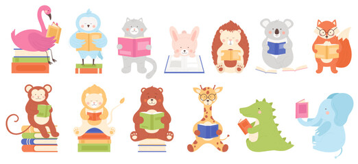 Cute animal characters read books set vector illustration. Cartoon isolated funny zoo and forest baby animals and birds reading library literature to learn and study, school education collection
