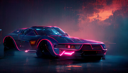 Naklejka premium car on the road synthwave