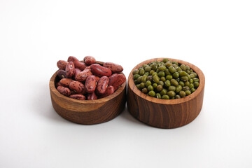 red kidney beans and mung beans isolated on white background