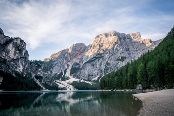 Fototapeta na wymiar Pragser Wildsee Lago di Braies in South Tyrol Dolomites Italy