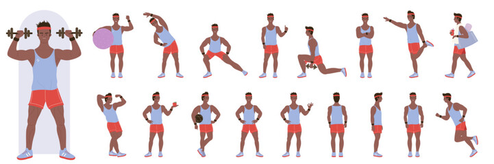 Cartoon man fitness instructor training, showing physical exercises with dumbbells. African american black Personal sport trainer poses in front, side and back view, workout set vector illustration