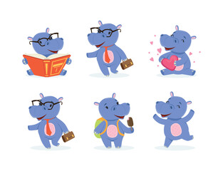 Cute Hippo Character with Stocky Body Engaged in Different Activity Vector Set