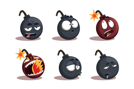 Cartoon Bomb with Burning Fuse with Spark Ready to Explode Vector Set