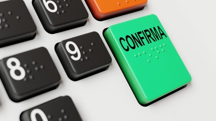 Renderização 3d de botão verde de confirmação de teclado numérico de novo modelo de urna eletrônica brasileira, escrito em português: "confirma", com braile.