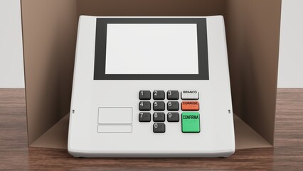 Renderização 3D da nova urna eletrônica brasileira em cabine de votação de papelão em mesa de madeira, com tela branca e escrito em português nos botões: "branco", "corrige" e "confirma".