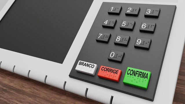 Renderização 3d de teclado numérico de urna eletrônica utilizada no Brasil, com braile e botões com escritas em português: "branco", "corrige" e "confirma"