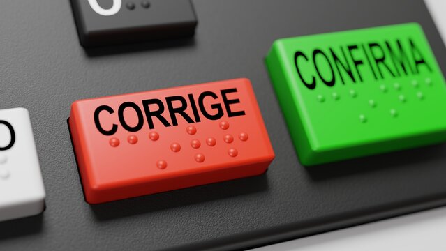 Renderiza&ccedil;&atilde;o 3d de bot&atilde;o de corre&ccedil;&atilde;o vermelho de urna eletr&ocirc;nica usada no Brasil, escrito em portugu&ecirc;s "corrige", e escrito no bot&atilde;o ao lado "confirma", com braile, refazer voto
